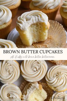 cupcakes with white frosting on top and the words brown butter cupcakes above them