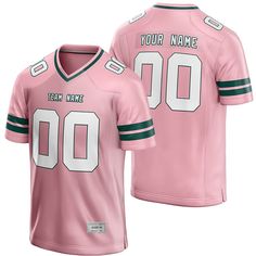 Custom Football Jersey Pink Deep Green Jersey One Pink Football Jersey, Pink Football, Jersey Pink, Design Jersey, Football Uniform, Contact Page, Flag Football, Custom Football, Jersey Design