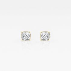 There's nothing more versatile than a pair of classic stud earrings. We love these princess cut lab grown diamond studs for every occasion. Pick the size and color best suited to your ears in the color of gold that you fancy. Elegant Cushion Cut Yellow Gold Earrings, Classic Cushion Cut Cubic Zirconia Diamond Earrings, Cushion Cut Diamond Earrings For Anniversary, Elegant Cushion Cut Diamond Earrings With Brilliant Finish, Wedding Cushion Cut Diamond Earrings, Formal Diamond Earrings With Cushion Cut And Diamond Accents, Cushion Cut Diamond Earrings For Wedding, Formal Cushion Cut Diamond Earrings With Diamond Accents, Formal Cushion Cut Diamond Earrings With Accents