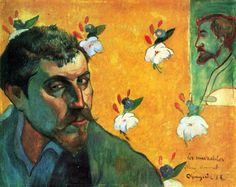 a painting of a man with flowers on his head and two other men in the background