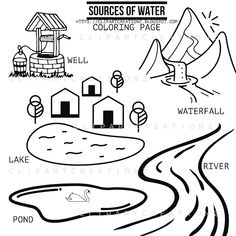 a black and white drawing with the words sources of water