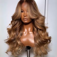 Dark Brown Curtain Bangs, Natural Curtain Bangs, Brown Curtain Bangs, Brown With Blonde, Short Cut Wigs, Full Lace Front Wigs, Brown With Blonde Highlights, Long Human Hair Wigs, Green Wig