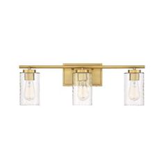 three light bathroom fixture with clear glass shades and brass finish, on an off - white background