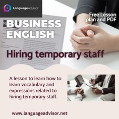 a flyer for an english language lesson with hands clasped on top of a desk and the text, business english hiring temporary staff