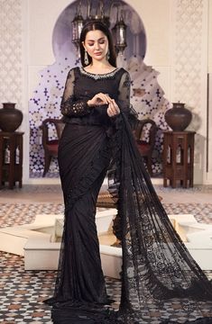 Embroidered Chiffon Black Saree Pakistani Eid Dress Agha Noor, Pure Chiffon Sarees, Lace Saree, Satin Bluse, Chiffon Sleeves, Blouse Back, Organza Sleeves, Eid Dresses, Chiffon Collection