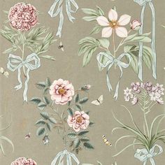 an old wallpaper with flowers and butterflies on grey background, from the early 1900's