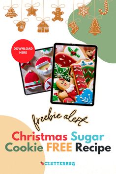 the christmas sugar cookie recipe book is open and showing pictures of cookies, gingers, and other holiday treats