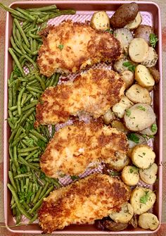 chicken, potatoes and green beans in a pink dish