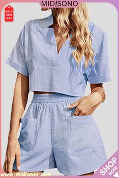 MidiSono - V Neck Crop Blouse Pockets Shorts Set Shorts Set Two Piece, Short And Top Set Two Pieces, Short Sets For Women Two Pieces, Two Piece Shorts Set, Pant Suits For Women, Women Suits, Womens Suits, Streetwear Mode, Pant Suits