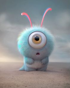 a blue furry creature with big eyes and two pink sticks sticking out of it's mouth