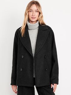 Double-Breasted Pea Coat | Old Navy Pea Coat Outfits, Peacoat Womens Outfit, Black Coat Short, Oversized Pea Coat, Peacoat Outfit, Black Jacket Outfit, Peacoat Women, Womens Outerwear, Black Peacoat