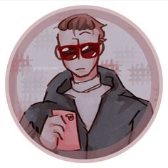 a drawing of a man wearing sunglasses and holding a cell phone in his hand while looking at the camera