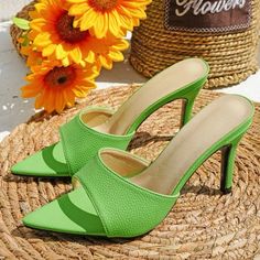 Beautiful Bright Green Heels. Never Worn, Perfect Condition. Casual Green High Heel Shoes, Casual Green High Heels, Trendy Green Slip-on Heels, Casual Synthetic Heels With Pointed Toe, Casual Synthetic Pointed Toe Heels, Casual Pointed Toe Synthetic Heels, Green Pointed Toe Sandals With 4-inch Heel, Trendy Green Pointed Toe Heels, Green Slip-on Evening Heels