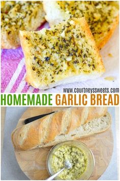 homemade garlic bread is shown on a cutting board and in the foreground there are two pieces of bread with pesto on top