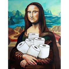 a painting of a woman holding several rolls of toilet paper