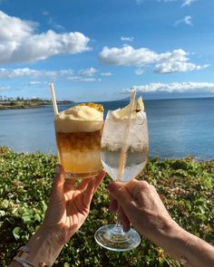 two people holding up wine glasses in front of the ocean and grass with blue sky