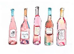 four bottles of wine are lined up in a row on a white background, one is pink and the other is blue