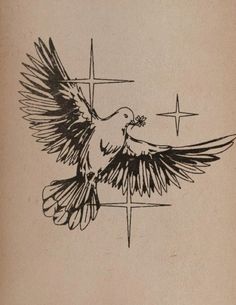 a black and white drawing of a bird with wings spread out, on top of a cross