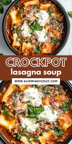 two pans filled with lasagna soup and topped with cheese