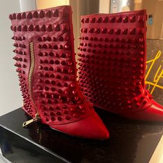 Crimson Leather Wedge Ankle Bootie With Studs And Gold Zipper Detail. Very Good Condition Worn A Few Times. Lust For Life, Ankle Bootie, Leather Wedges, Gold Zipper, Zipper Detail, Ankle Booties, For Life, Bootie, Red Leather