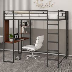 a loft bed with desk and chair in the corner, next to a wall mounted clock