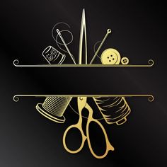 a pair of scissors, sewing needles and thread on a black background with gold trimmings