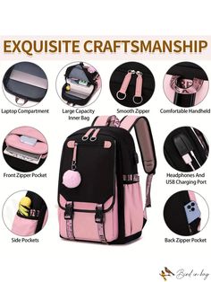 BirdinBag - Waterproof Preppy Functional Backpack with Two Tone Design and Letter Graphic Functional Backpack, Backpack Set, Estilo Preppy, Pink Pattern, Word Wrap, Functional Design, Lettering Design, Bags Backpacks, Preppy Style