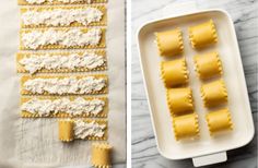 the ingredients for ravioli being made in a baking dish and then placed on parchment paper