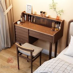 a wooden desk with a chair next to it in a small room near a bed