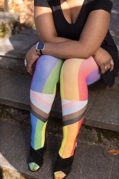 Plus Size Progress Flag Printed Tights – Sock Dreams Trendy Fitted Multicolor Legwear, Fitted Multicolor Thigh High Tights, Fitted Multicolor Thigh-high Tights, Multicolor Stretch Thigh High Legwear, Trendy Multicolor Tights For Spring, Trendy Multicolor Spring Tights, Printed Tights, Fashion Tights, Rainbow Stripes