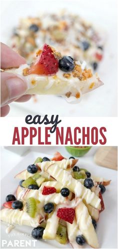 an easy apple nachos recipe with fruit on top and the title in the middle