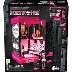 the monster high doll playset is in its pink and black box with accessories on it