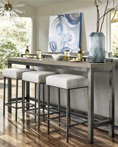 Get free shipping on Healdsburg Console with 3 Stools at Neiman Marcus. Shop the latest luxury fashions from top designers. Console Table With Stools, High Top Table Kitchen, Table With Stools, Table Behind Couch, Gallery Rail, Console Table Styling, Game Room Bar, Console Table Design, High Top Tables