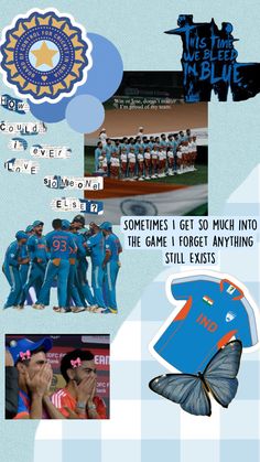 an advertisement for the india cricket team, with images and captions in blue on it