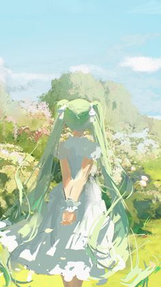 a woman with long green hair is walking through the grass