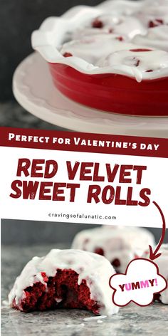 Collage image featuring two photos of red velvet sweet rolls. Top image is the rolls in a red and white pan on a white cake stand. Bottom image is a close up of a red velvet sweet roll with a bite out of it on a grey marble counter with more rolls in the background. Sweet Rolls Recipe, Valentine Sweets, Southern Breakfast, Sweet Roll Recipe, Best Chocolate Desserts, Dessert Breakfast, Cloud Bread, Vanilla Glaze, Chocolate Dessert Recipes