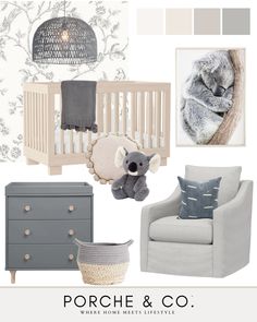 a baby's room with grey furniture and accessories