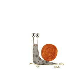 a drawing of a snail with two eyes on it's back and an orange ball in its mouth