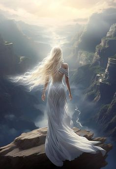 a woman standing on top of a cliff with her hair blowing in the wind,