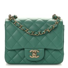 This is an authentic CHANEL Lambskin Quilted Mini Square Flap in Green. This chic petite mini bag is crafted of lambskin quilted leather in green. It features a long polished light gold chain link leather threaded shoulder strap and a light gold CC turn lock. The front flap opens to a green leather interior with both a zipper and patch pocket. Luxury Green Quilted Bag, Leather Thread, Bag Green, Quilted Leather, Green Leather, Leather Interior, Chanel Bag, Chain Link, Gold Chain