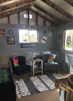 a living room filled with furniture and pictures on the wall