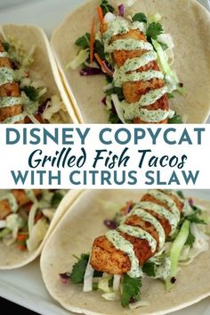 three fish tacos with cilantro sauce and lettuce