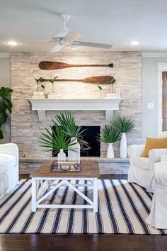 a living room filled with furniture and a fire place in the middle of a room