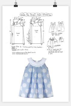 a blue and white dress with polka dots on it, next to the instructions for how to