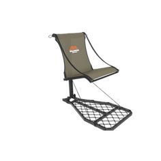 a chair that is sitting on top of a metal stand with an orange and black logo