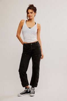 Embrace a sleek and streamlined look with the Supersonic Slim Pant in Black by Free People.This cool and cropped pant is a versatile staple for your wardrobe. These pants sit low on the hips for a trendy and edgy vibe. low rise waistline adjustable... Abercrombie Ultra High Rise Slim Straight, Cropped Five-pocket Pants For Work, Cropped Work Pants With Five Pockets, Cropped Workwear Pants With Five Pockets, Washed Black Cropped Leg Pants With Five Pockets, Fitted Cropped Bottoms With Pockets, Mid-rise Washed Black Cargo Bottoms, Washed Black Mid-rise Bottoms With Cargo Pockets, Mid-rise Washed Black Pants With Belt Loops