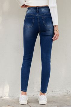 Rock that sleek silhouette with the Medium Wash Double Button Skinny Jeans. With their flattering fit and double button closure, these jeans are your new go-to for any casual outing. Product code: CAA02B4G005TT Features:  Denim High-rise waist Zip fly with dual button closures Belt loops Whiskering Wash Method: Regular Wash Material: 85%COTTON,13%POLYESTER,2%SPANDEX. Non-stretch Medium Wash Jeans With Button Closure, Non-stretch Denim Blue Jeans With Button Closure, Stretch Denim Blue Jeans With Button Zip Fly, Spring Slim Fit Jeans With Button Closure, Slim Fit Jeans With Button Closure For Fall, Slim Fit Denim Bottoms With Button Closure, High Rise Denim Blue Jeans With Button Closure, Non-stretch Straight Leg Jeans With Button Closure, Mid-rise Denim Jeans With Button Closure