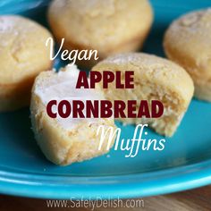 vegan apple cornbread muffins on a blue plate with text overlay