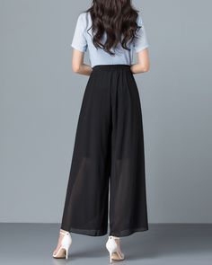 * Wide-leg skirt-shaped pants spun with high-quality chiffon fabric. * Elastic waistband and A-line shape, make you look more taller and thinner. *Material: 100% chiffon *Let us know your regular size and overall height in your country. *The waist size and length can be customized. *Size: True to US size, can provide US 0 to US 20 , you can tell us your usual size and height when ordering. * Shipping: Free shipping Processing time: 5-7 working days Delivery time: 7-20 working days Black Wide Leg Pants For Summer, Black Full-length Summer Dress Pants, Black Wide Leg Summer Culottes, Black Wide Leg Culottes For Summer, Black Wide-leg Dress Pants For Summer, Black Dress Pants Loosely Fitted For Spring, Black Dress Pants With Loosely Fitted Hips For Spring, Black Summer Ankle-length Culottes, Black Elegant Ankle-length Culottes