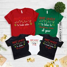 Most Likely To Christmas, Funny Christmas Shirt, Family Christmas Shirts, Most Likely to, Funny Christmas Party, Custom Group Shirts Hi! Welcome to the Goshirtly! It's great to see you here! BLACK TEXT is used for Yellow, Heather Peach, White, Athlethic Heather, Light Blue, Mint, Pink Shirts. Other colored shirts have white text. F I T ∙ & ∙ S I Z I N G : -->Women's sizes are narrower than the waist -->Sleeves are rolled up in some product pictures. They do not come rolled up on delivery. T I M Holiday Cotton Shirt, Cotton Shirt For The Holiday Season, Festive Christmas Cotton Shirt, Festive Christmas Cotton Tops, Cotton Tops For Holiday Season, Festive Holiday Cotton Tops, Pink Shirts, Sister Christmas, Group Shirts